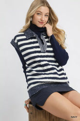 Umgee Cable Knit Collared Striped Vest Sweater OutfitFlow